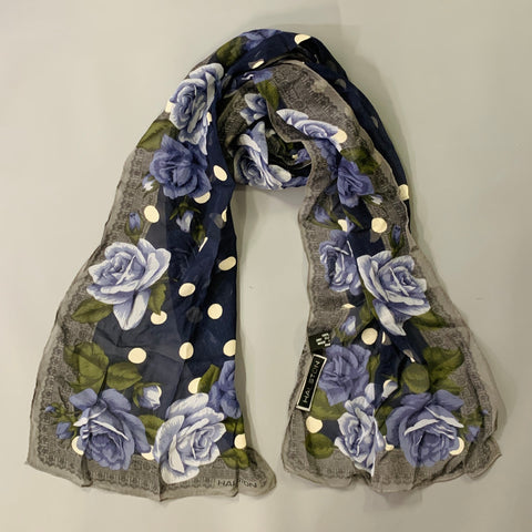 HALSTON Blue Green White Polka Dot Floral Roses Silk Scarf