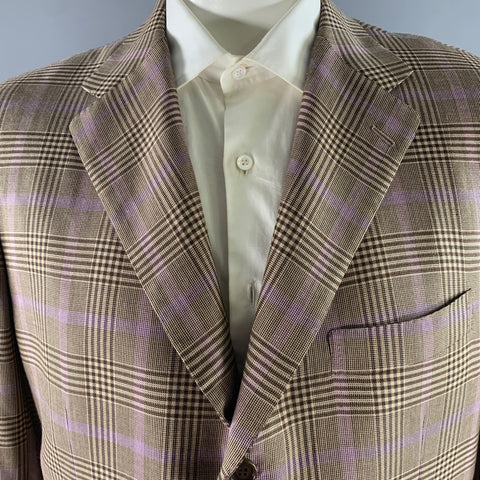 KITON Size 48 Brown Purple Glen Check Cashmere Notch Lapel Sport Coat