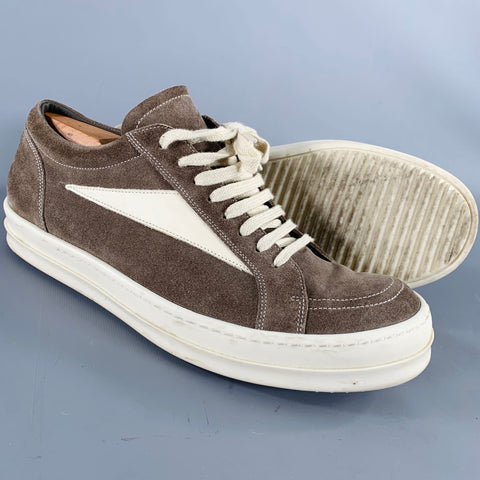 RICK OWENS Size 10 Grey Cream Leather Lace-Up Sneakers