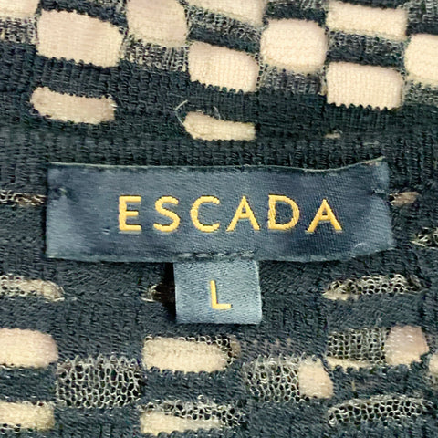 ESCADA Taille L Noir Nude Mélange Viscose Rayures Texturées Manches 3/4 Col Rond Top Décontracté