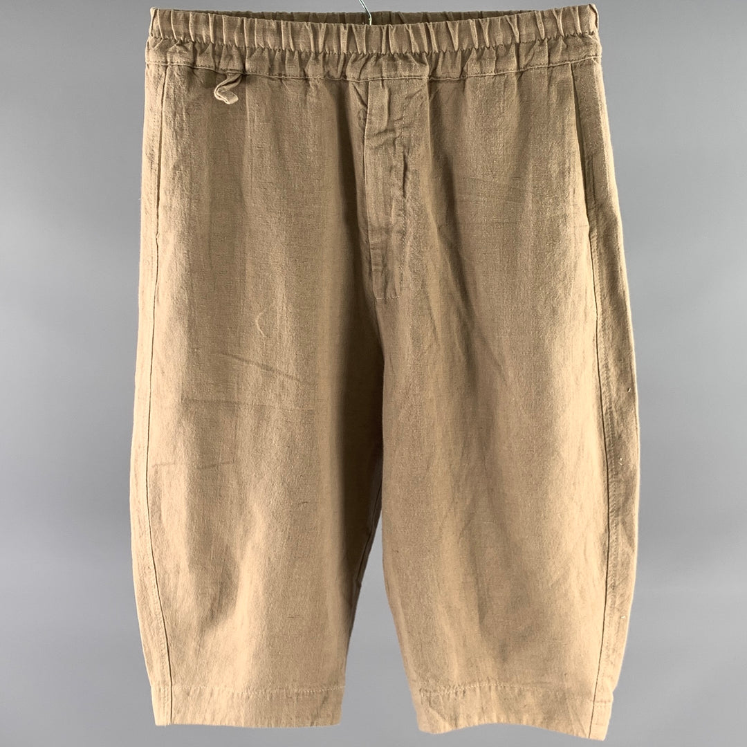 BY WALID Size S Khaki Woven Linen Elastic Waistband Shorts