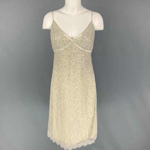 CARMEN MARC VALVO Taille 6 Robe de cocktail à bretelles spaghetti en dentelle blanc cassé et paillettes