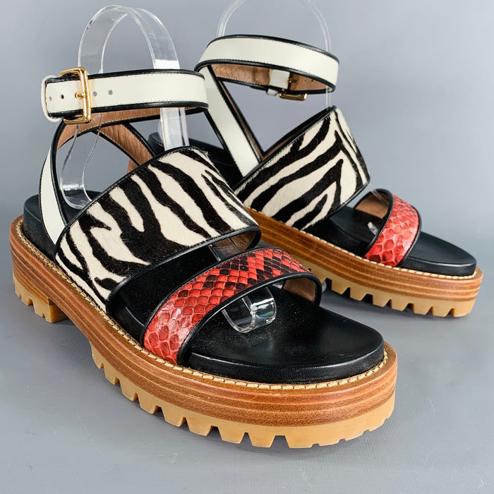 MARNI Size 8 Black Multi Color Leather Mixed Patterns Calf Hair Sandals