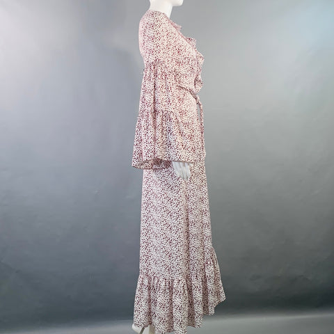 MISA Size XS White Burgundy Viscose Dots Ruffle Wrap Dress