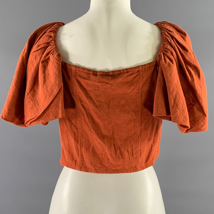 JONATHAN SIMKHAI Size 8 Orange Rust Linen Cotton Ruffle Shoulder Cropped Top