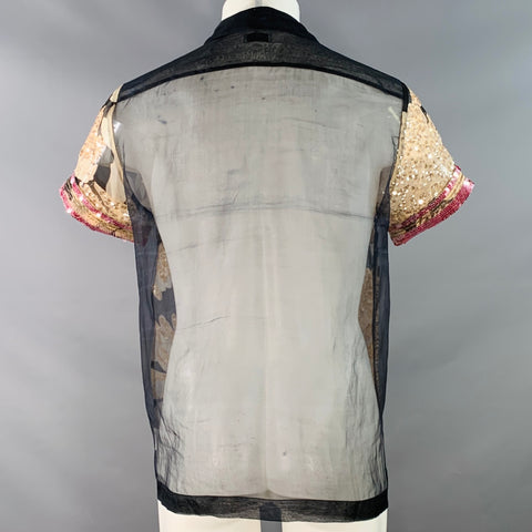 DRIES VAN NOTEN Size XS Black Beige Pink Sequined Silk Short Sleeve Shirt