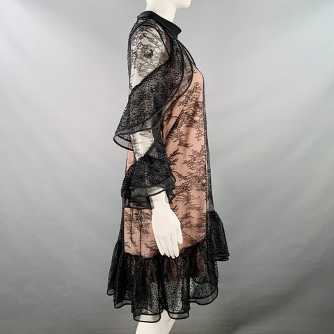 NHA KHANH Size 6 Black Nude Polyester Ruffled Long Sleeve Lace Cocktail Dress