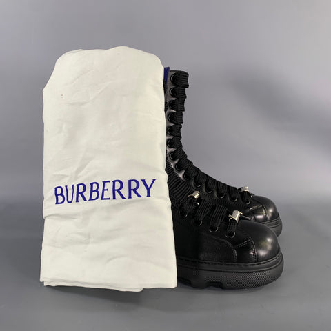 BURBERRY Size 10 Black Leather Lace Up Boots
