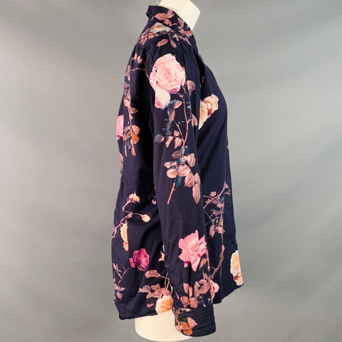 DRIES VAN NOTEN Size 2 Navy Pink Cotton Floral Spread Collar Shirt