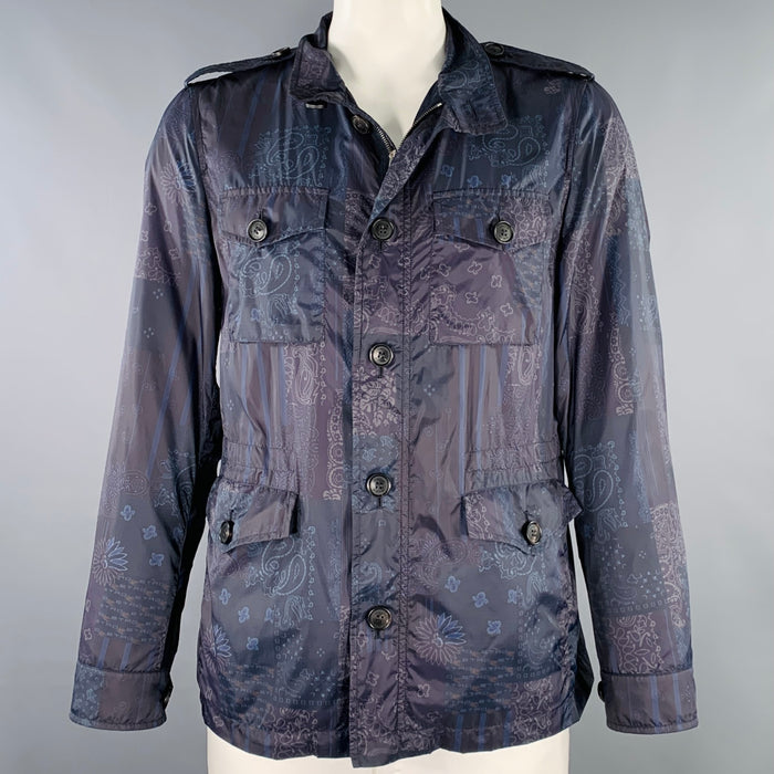 ETRO Size L Caxapa Black Navy Paisley Polyamide Buttoned Pockets Jacket