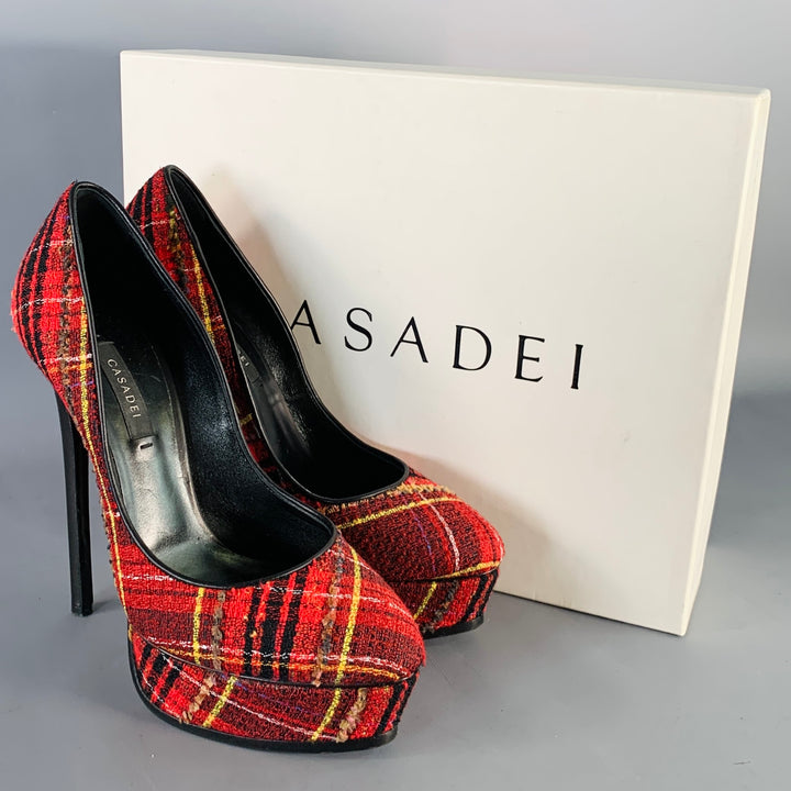 CASADEI Size 9 Red Black Yellow Tweed Plaid Leather Trim Platform Pumps