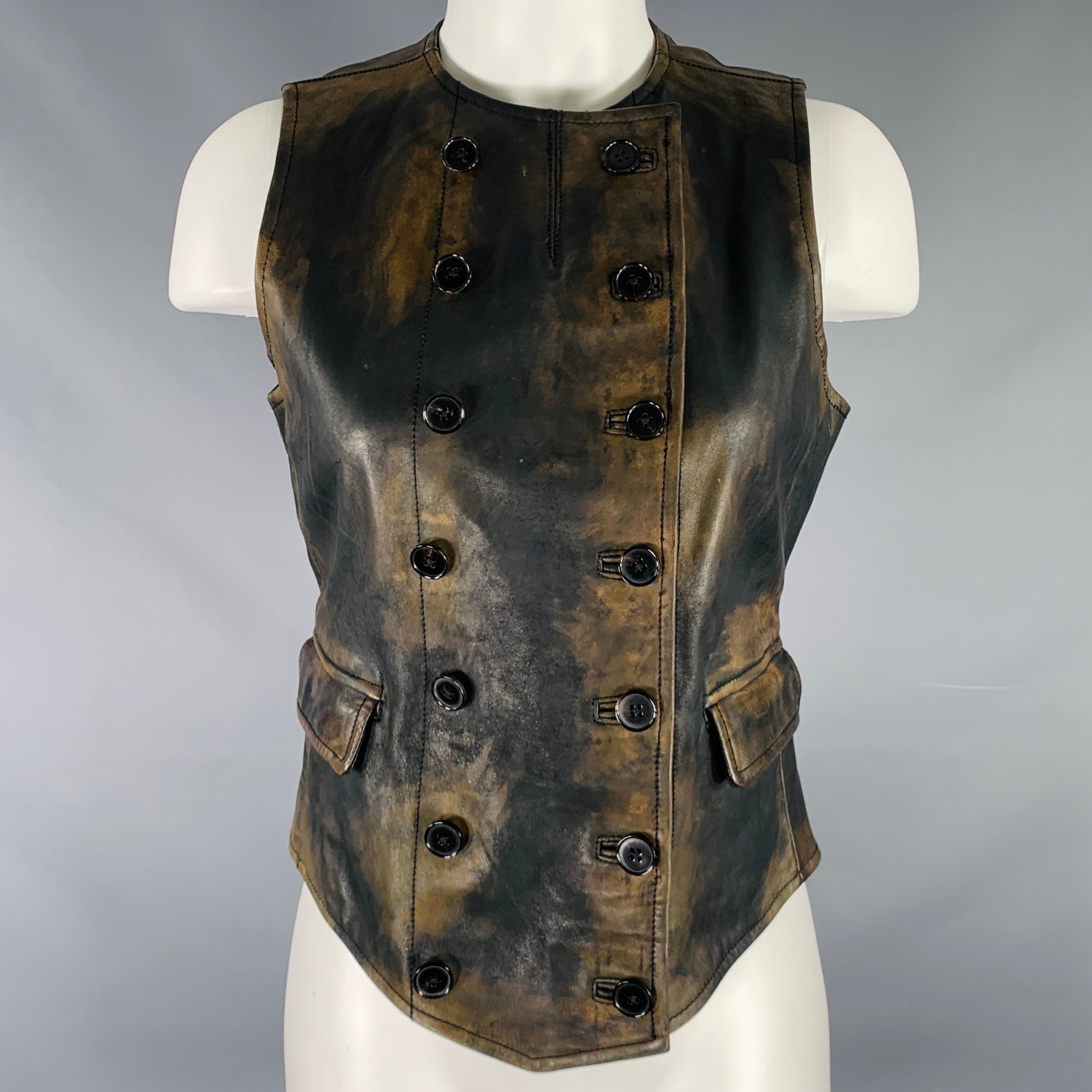 RALPH LAUREN Size 8 Black Brown Leather Distressed Vest – Sui