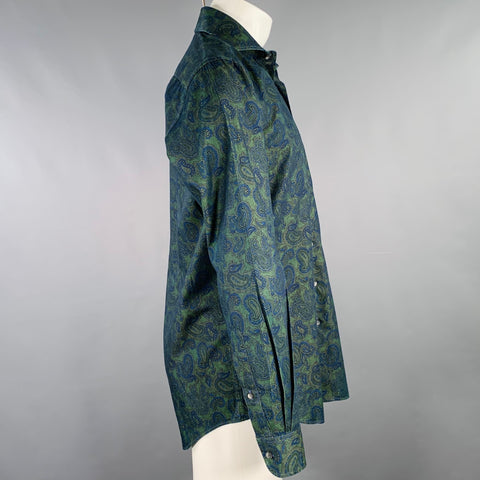 PAUL STUART Size M Green Blue Paisley Cotton Spread Collar Long Sleeve Shirt