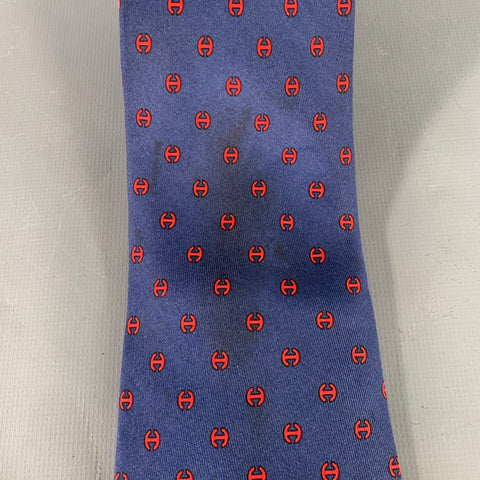 HERMES Navy Red Monogram Silk Tie