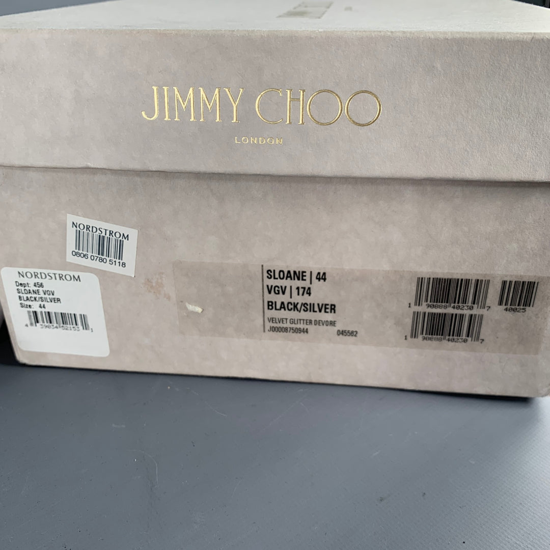 JIMMY CHOO Size 11 Velvet Glitter Devore Sloan Black Silver Slip On Loafers