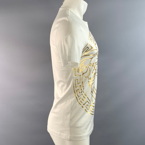 VERSACE Size XS White Gold Medusa Cotton T Shirt Short Sleeve Shirt
