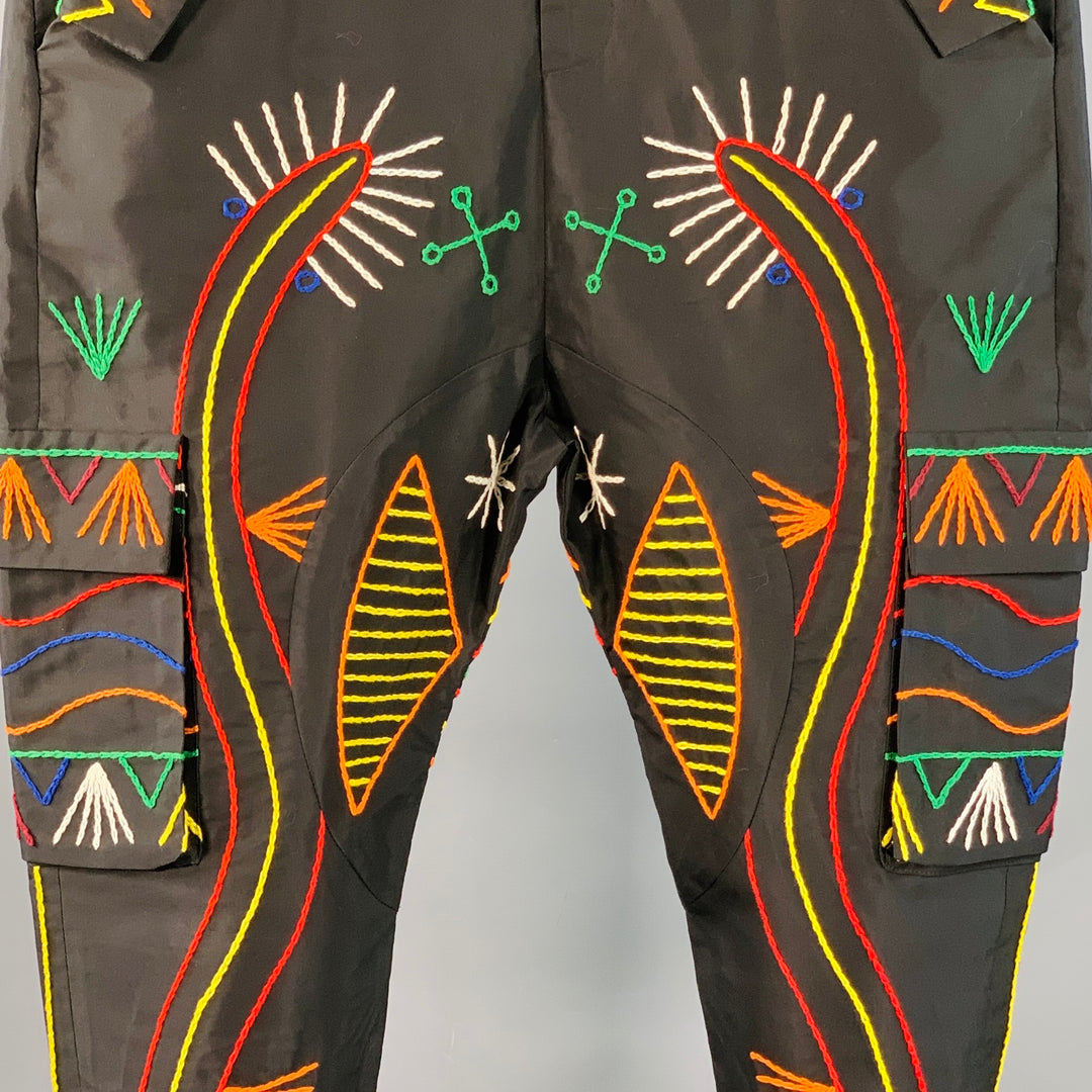 PRABAL GURUNG Size 34 Black Multi Color Abstract Embroidery Cropped Casual Pants