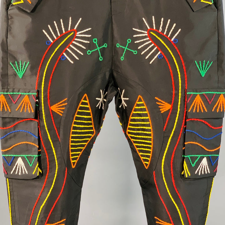 PRABAL GURUNG Size 34 Black Multi Color Abstract Embroidery Cropped Casual Pants