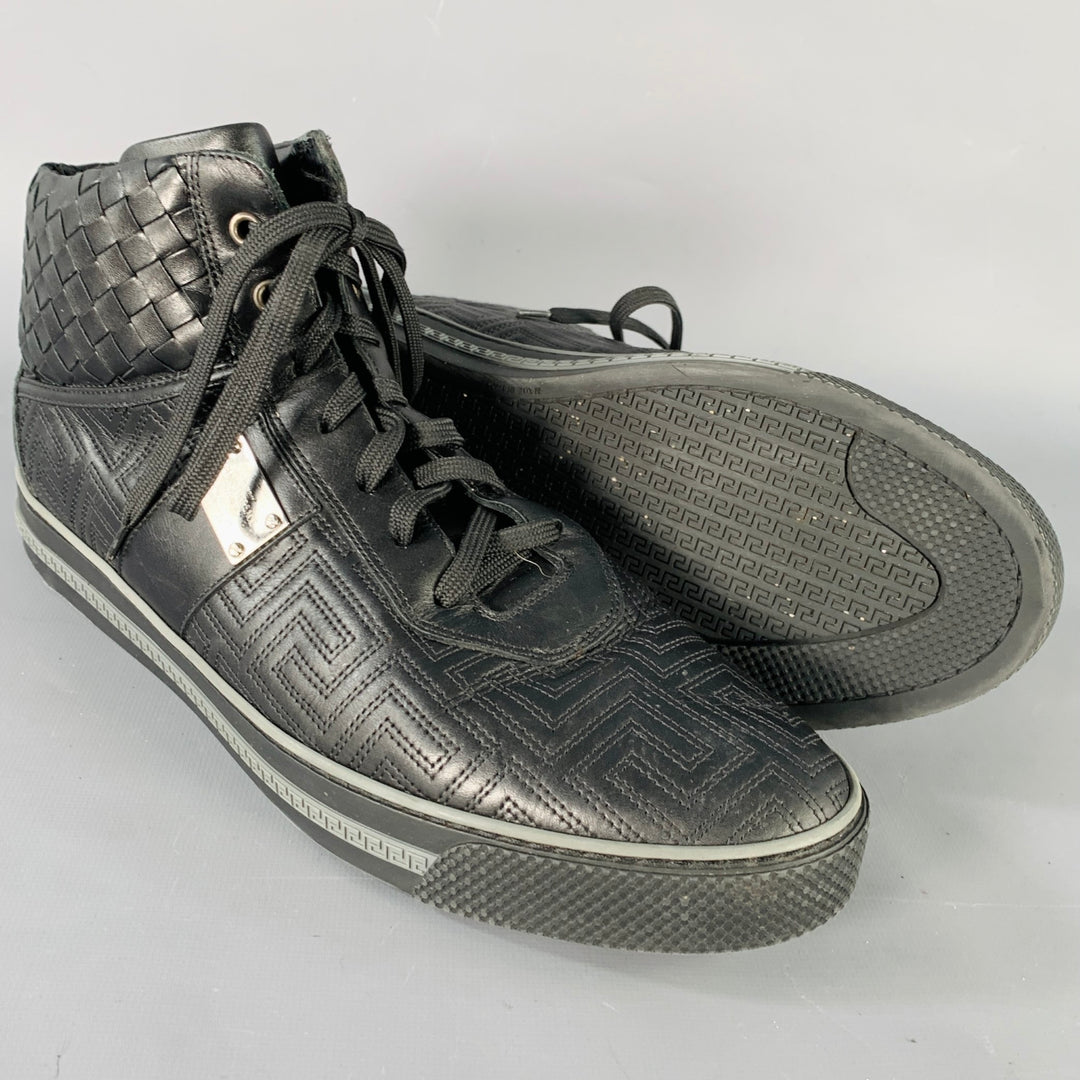 GIANNI VERSACE Size 11 Black Greca Leather High Top Sneakers
