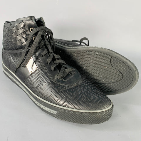 GIANNI VERSACE Size 11 Black Greca Leather High Top Sneakers