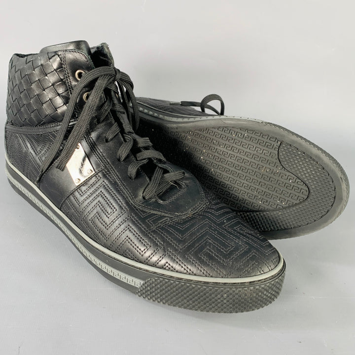 GIANNI VERSACE Size 11 Black Greca Leather High Top Sneakers