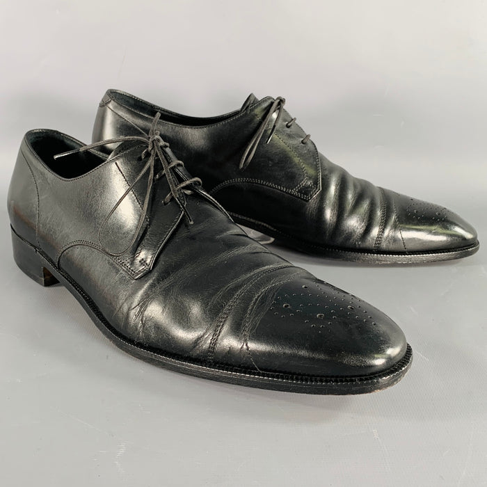 SALVATORE FERRAGAMO Size 11 Black Perforated Leather Cap Toe Lace-Up Shoes