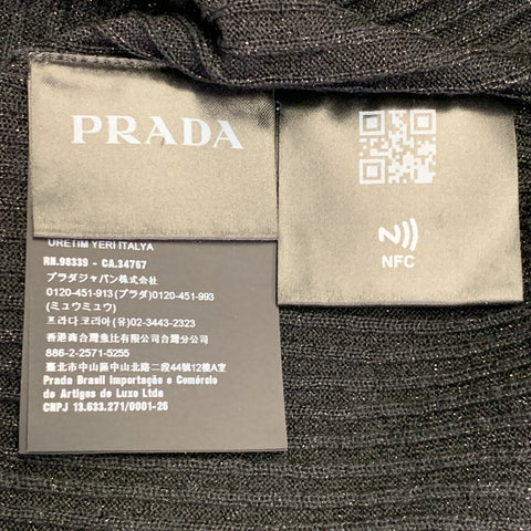 PRADA Size L Black Gold Shimmer Rib Knit Cashmere Blend Short Sleeve Polo