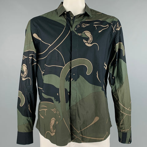 VALENTINO Size XL Black Green Print Cotton Button Up PANTER Long Sleeve Shirt