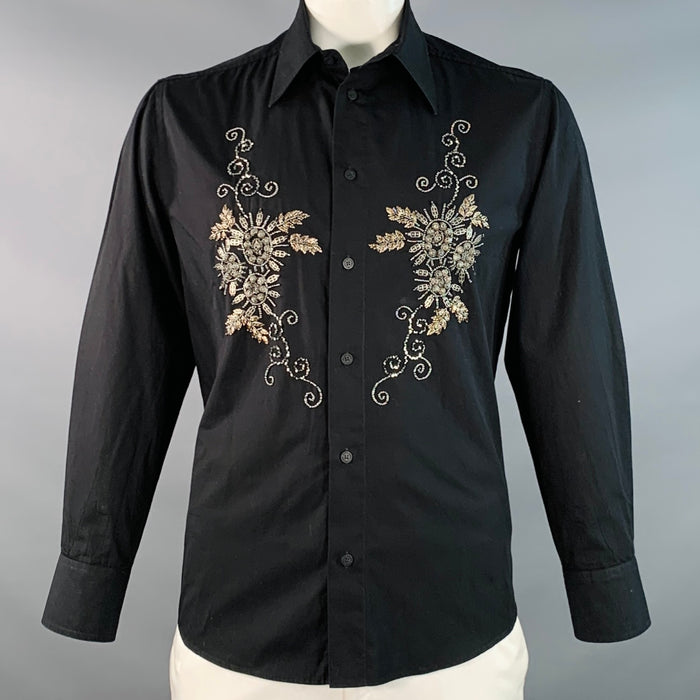 VERSACE Size L Black Gold Beaded Floral Cotton Button Up Long Sleeve Shirt
