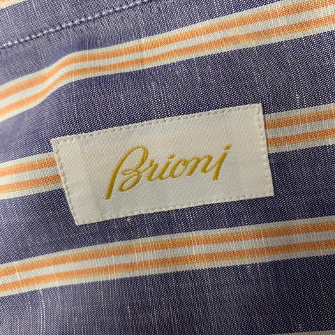 BRIONI Size L Blue Orange White Stripe Linen Long Sleeve Shirt