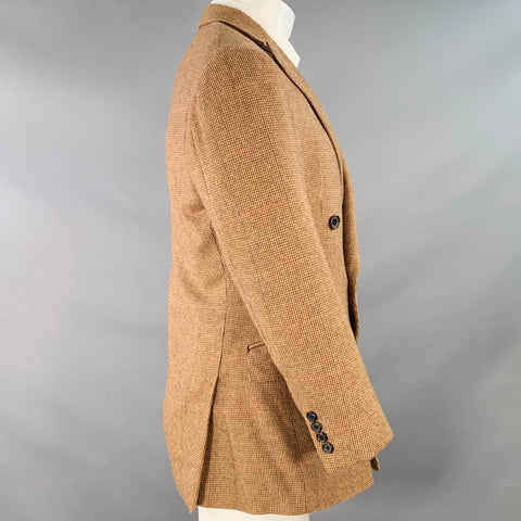 RALPH LAUREN Size 38 Regular Tan Brown Houndstooth Cashmere Peak Lapel Double Breasted Sport Coat