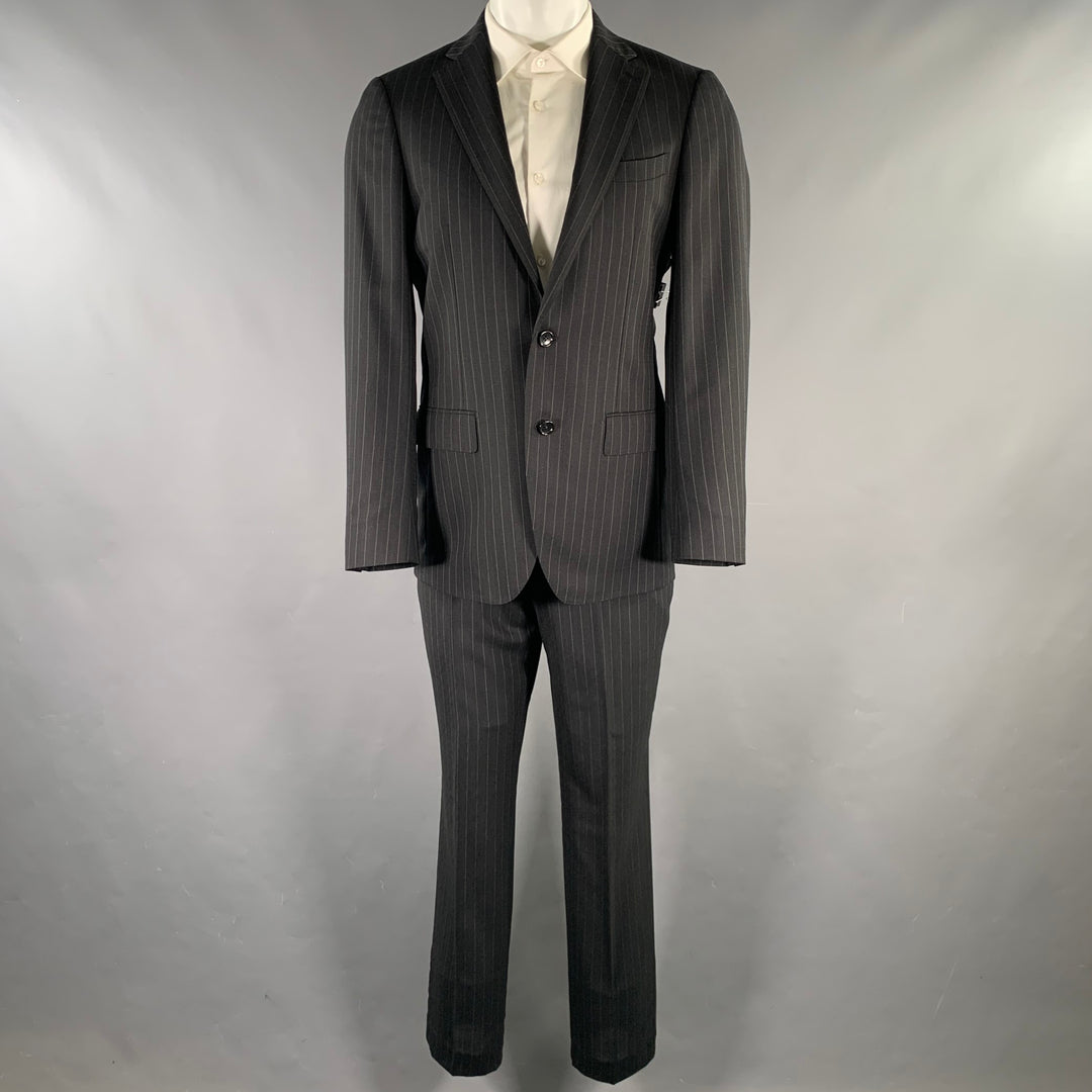 D'URBAN Chest Size 40 Black Silver Pinstripe Wool Notch Lapel Suit