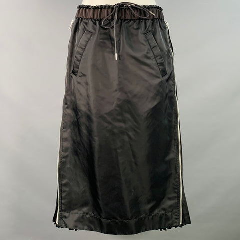 SACAI Size M Black Nylon Blend Pleated Zip Up Drawstring Midi Skirt