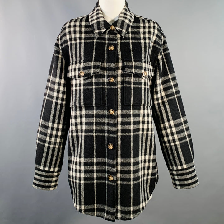 REFORMATION Size M Black White Wool Blend Plaid Shirt Jacket