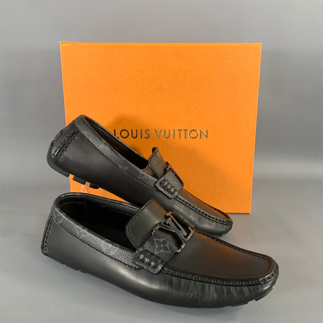 LOUIS VUITTON Size 7.5 Black Grey Logo Leather Loafers