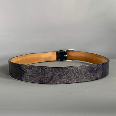 ETRO Size 38 Navy Green Paisley Leather Belt
