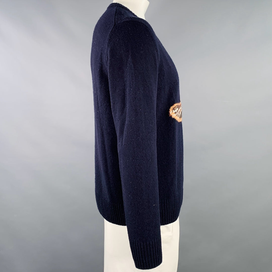 TODD SNYDER Size L Navy Brown Embroidery Merino Wool Boot Sweater