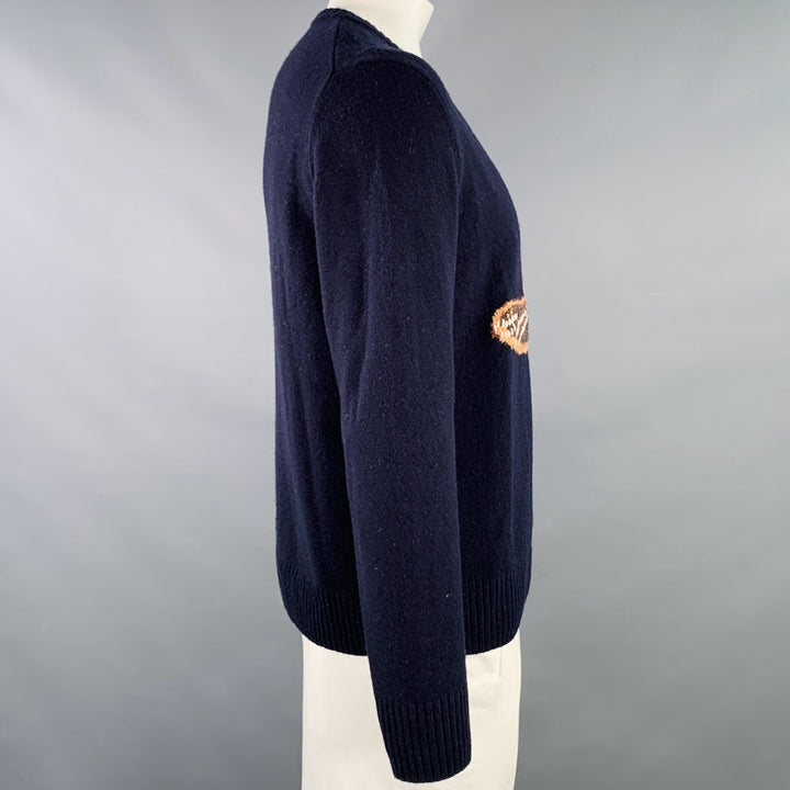TODD SNYDER Size L Navy Brown Embroidery Merino Wool Boot Sweater