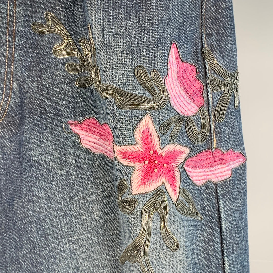 GUCCI by TOM FORD FW1999 Size 32 Indigo Purple Silver Floral Embroidery Denim Button Fly Jeans