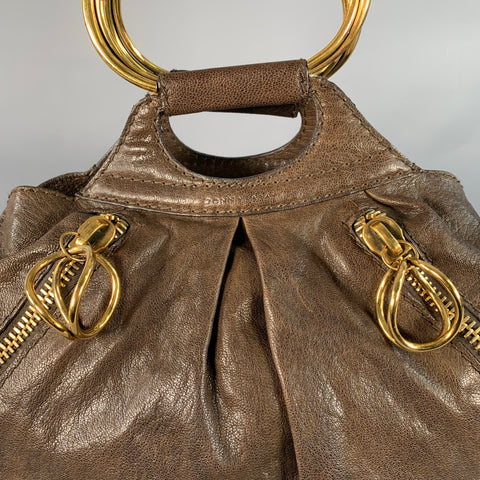 DONNA KARAN Brown Gold Goatskin Leather Top Handles Zippers Handbag