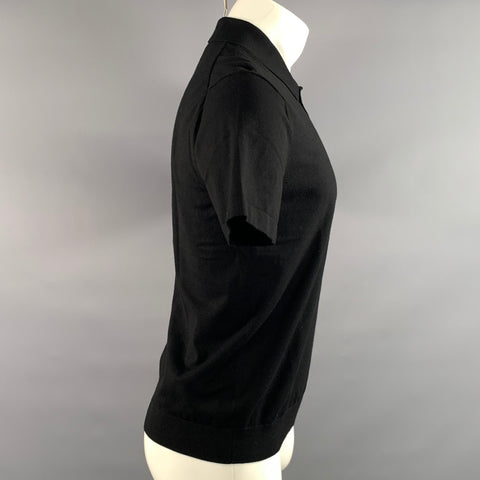 THEORY Size S Black Solid Viscose Blend Spread Collar Polo