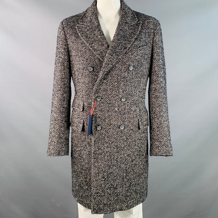 MAX STANCO Size 46 Grey Black Herringbone Wool Blend Double Breasted Peak Lapel Coat