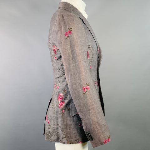 PAUL SMITH Size 38 Grey Pink Floral Embroidery Linen Slim Fit Notch Lapel Sport Coat
