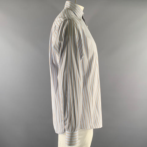 FINAMORE Size XL Blue White Brown Stripe Cotton Long Sleeve Shirt