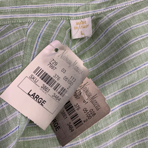 BRIONI Size L Green Stripe Linen Button Up Long Sleeve Shirt