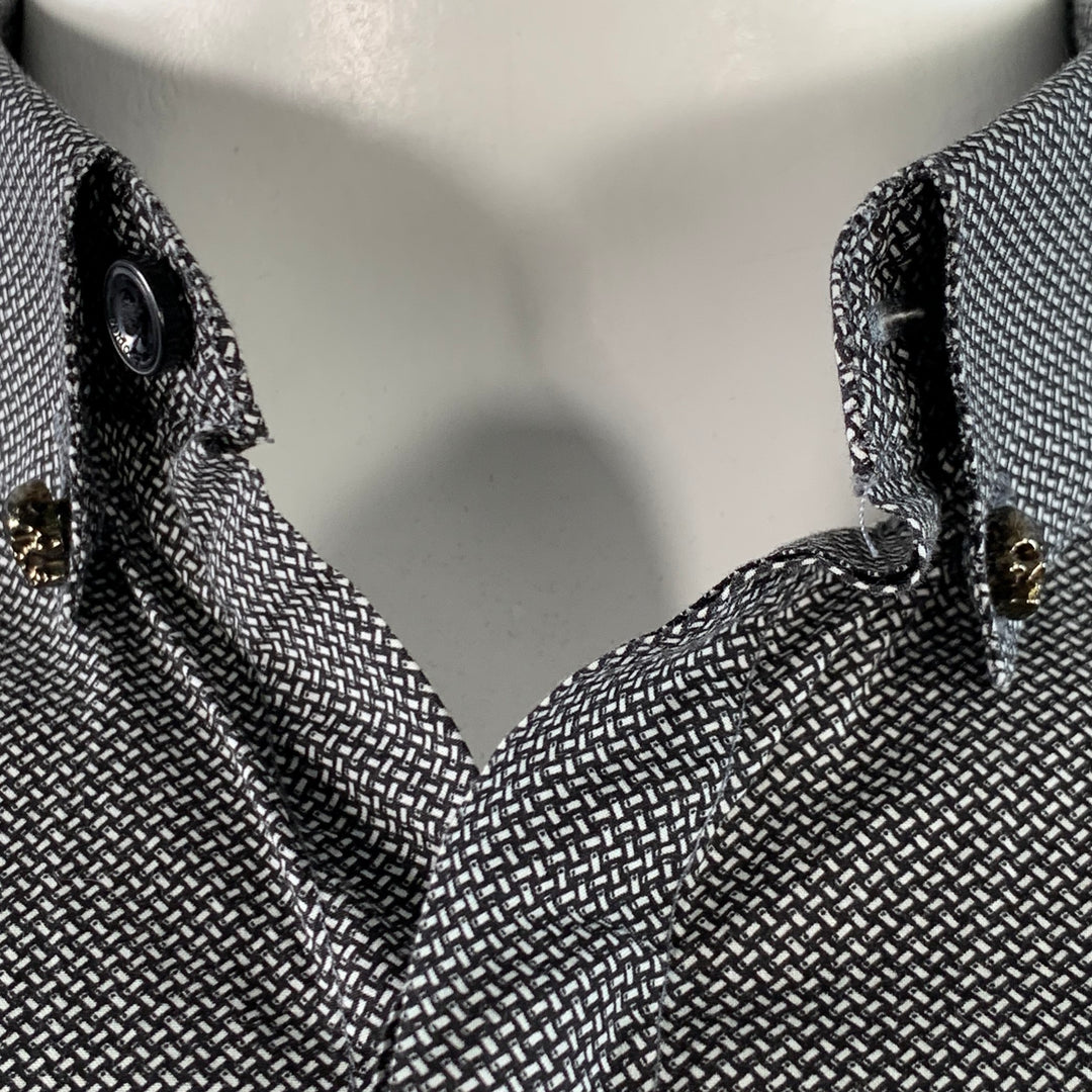THE KOOPLES Size L Black White Cotton Basketweave Skull Hidden Buttons Fitted Long Sleeve Shirt