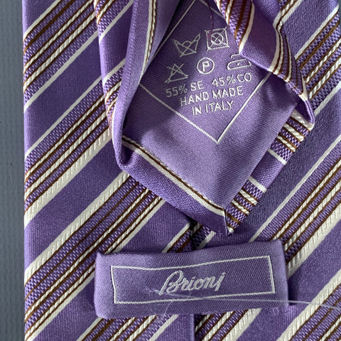 BRIONI Purple White Diagonal Stripe Silk Cotton Tie