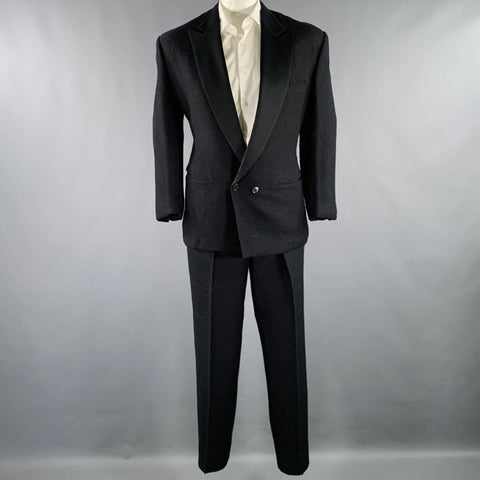 GIANNI VERSACE Smoking croisé en laine et soie bicolore noir Taille 42