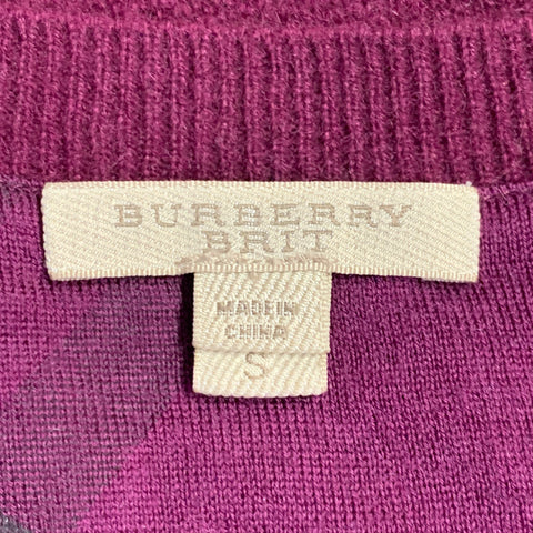 BURBERRY BRIT Size S Red Raspberry Cashmere Elbow Patches Crew Neck Sweater
