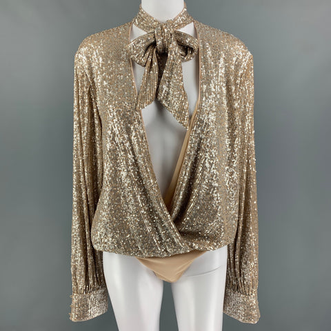 JONATHAN SIMKHAI Size L Champagne Polyester Sequined Bodysuit Shirt